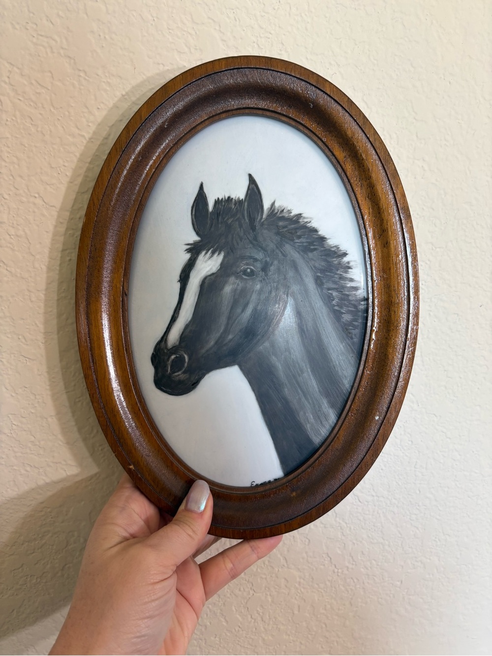 Original Framed Black Horse Portrait on Ceramic Plate with Wooden Frame - Signed